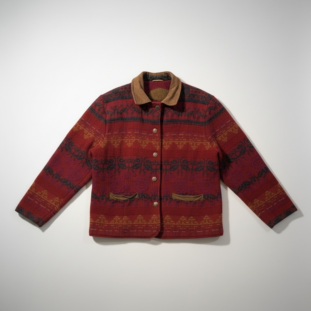 Vintage Southwestern Wool Jacket Suede Leather Trim Made in USA Women’s L
